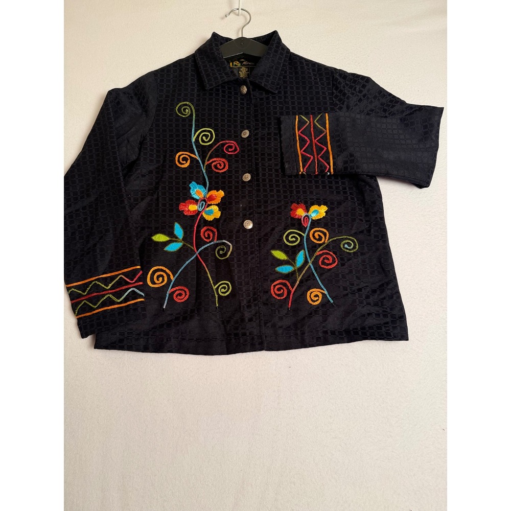Mirasol Black Embroidered Floral Jacket Textured Checkerboard Button Front Med